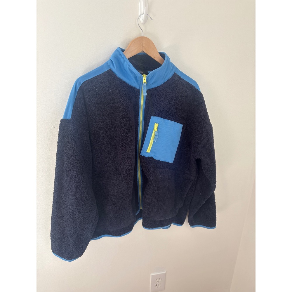J.Crew‎ Womens XL Sherpa Fleece Jacket Navy Blue Colorblock Full Zip Mock Neck